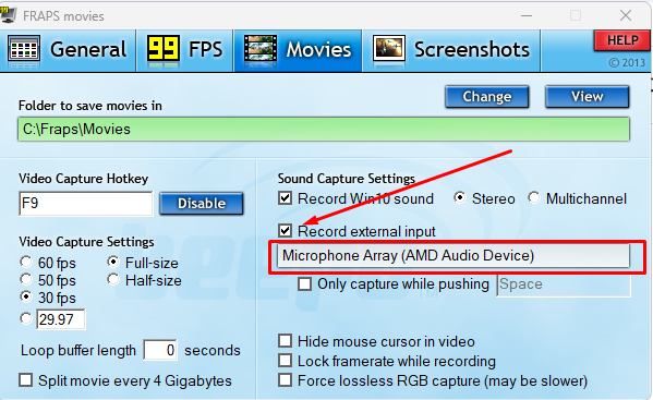 Настройка записи микрофона и выбор внешнего устройства ввода во Fraps