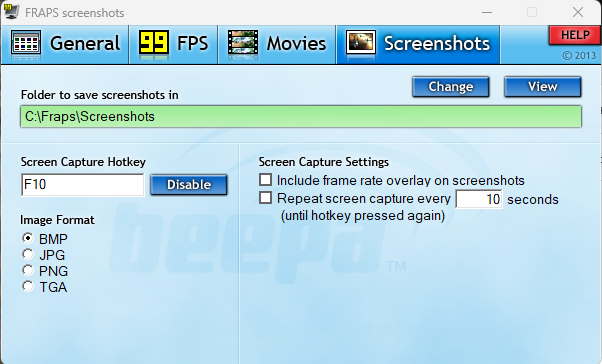 Выбор формата скриншотов и горячих клавиш во Фрапс