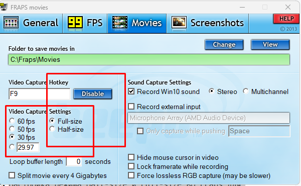 Настройка режима Half-size и Full-size во Fraps для слабых ПК
