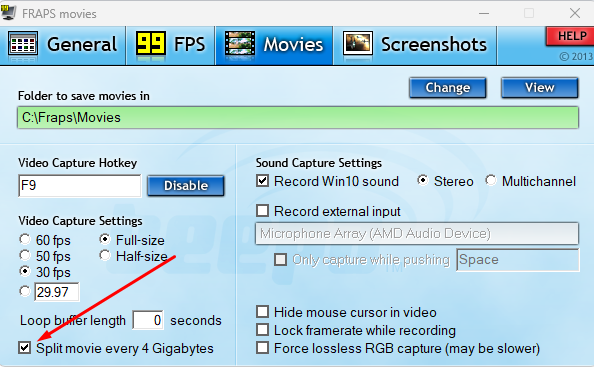 Функция разделения видео на части по 4 Гб в настройках Fraps