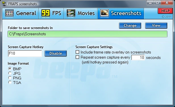 Вкладка FRAPS Screenshots — снимки экрана
